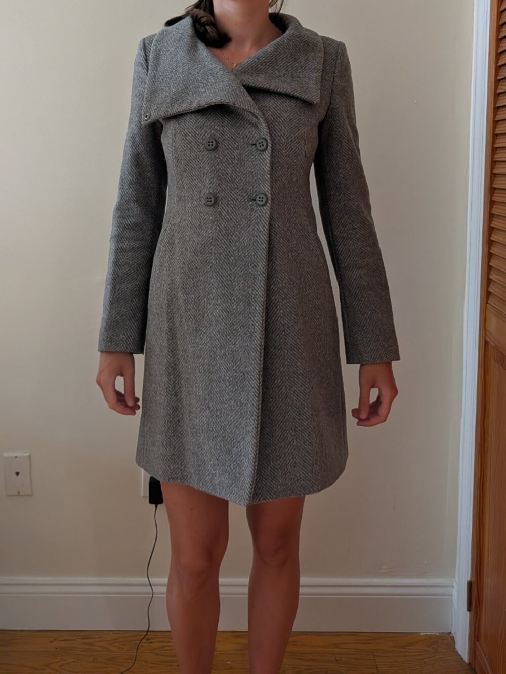 United Colors of Benetton Grey Herringbone Wool Coat Italian Size 40 US 4 Small - Picture 3 of 16